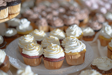 Vanilla cupcakes with vanilla frosting and caramel swirl on dessert table