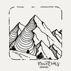 Mountain Adventures. Vector grunge hand drawn landscape