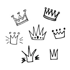 Cute doodle set of princess crown elements. Hand drawn vector illustration. Birthday, New Year's wedding elements for greeting cards, posters, stickers decoration decor. Isolated on white background