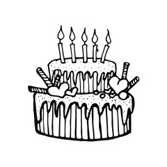 Cute element of yummy decorated cake and candles in doodle style. Single tasty and beautiful icon, for the design of postcards, banners, covers, posters and decor. Happy Birthday