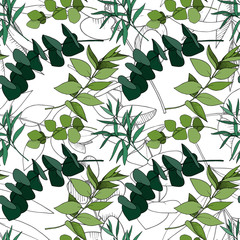 Fototapeta na wymiar Vector Eucalyptus leaves branch. Black and white engraved ink art. Seamless background pattern.