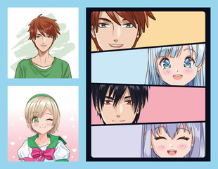 group of faces young people anime style characters - obrazy, fototapety, plakaty
