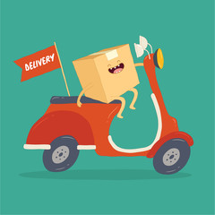 Your package rushes to you on the courier scooter. Vector graphics.