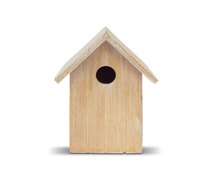 Ornament. Front image of birdhouse in nature wood. Round hole.  Handmade. Conceptual and minimalist decoration