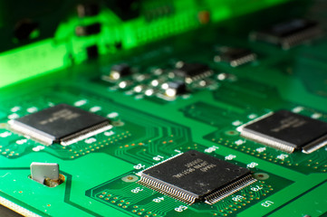 Close up green memory board with SMD chip