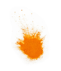 Turmeric powder spice pile isolated on white background. Top view.