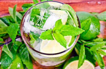 Cocktail mojito with mint leaves and lime slices on a wooden tray. Top view.