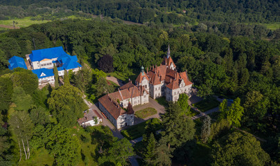 Aerial view on castle of Shenborn, Carpathians mountains, Ukraine.