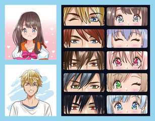 group of faces young people anime style characters