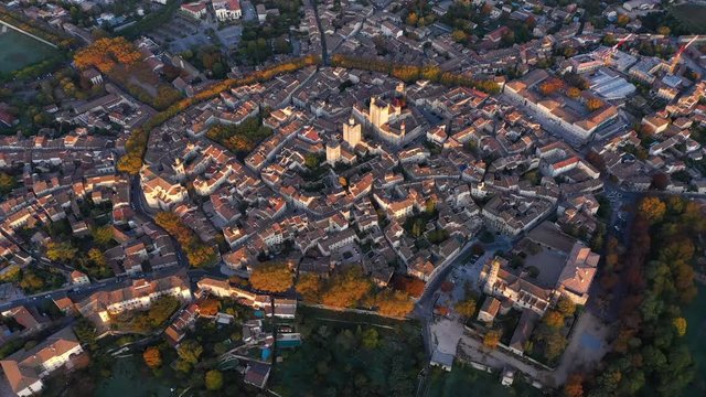 Beautiful aerial view of Uz&egrave;s sunrise south of France trees around the center historical 