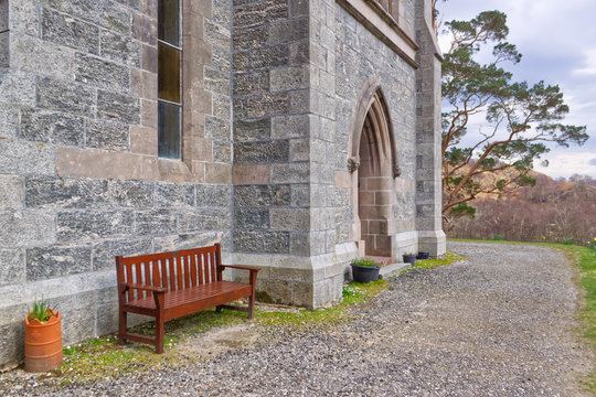 Entrance to the church Catholic church of St. Maty & St. Finnan in Glenfinnan, Scotland 