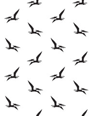 Vector seamless pattern of black flying pterodactyl dinosaur silhouette isolated on white background