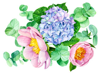 Panele Szklane  kwiaty ślubne na na białym tle, zielone gałęzie eukaliptus, piękne różowe piwonie, niebieska hortensja, malarstwo botaniczne, ilustracja akwarela