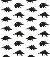 Vector seamless pattern of black stegosaurus dinosaur silhouette isolated on white background