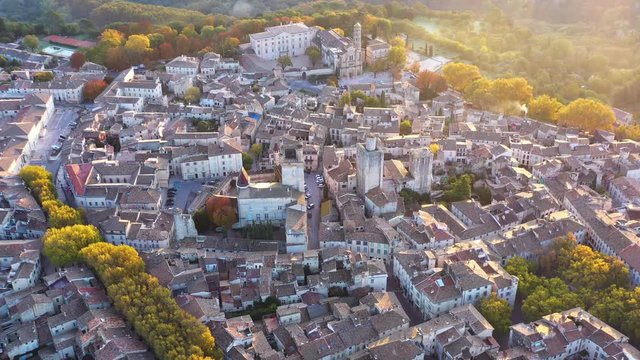 Amazing aerial morning view over Uz&egrave;s Gard department Gallo Roman city south of France