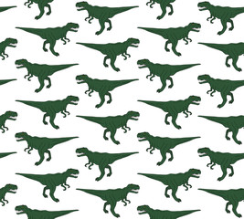Vector seamless pattern of green hand drawn outline sketch tyrannosaur rex dinosaur isolated on white background