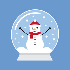 Vector flat cartoon snowball with snowman isolated on blue background