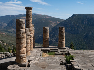 Carved Columns from the Temple of Apollo at Delphi with Pleistos Valley in the Background