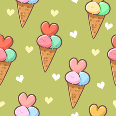Seamless pattern doodle ice cream and heart vector illustration set, For gift wrap pattern and wallpaper.