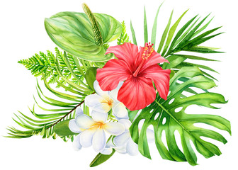 tropical flowers, hibiscus, palm leaves, fern, plumeria, monstera, anthurium, watercolor illustration, hand drawing, summer bouquet of flowers on white isolated background