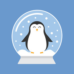 Vector flat cartoon snow ball with penguin isolated on blue background