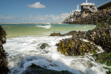 View on the architecture of the flood barrier 'Neeltje jans' in the Netherlands from the rocky...