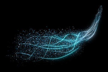 Round blue confetti or sparkles on a black background, with blue lines. 3d rendering image.