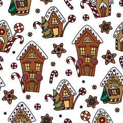 Christmas seamless pattern with gingerbread house