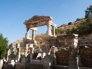 Remains of a Building with Carved Pillars and Tympanum in Ephesus Turkey
