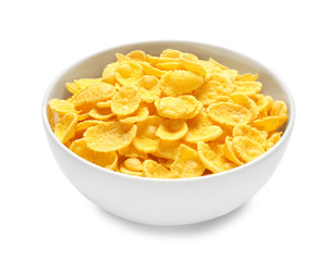Bowl of tasty corn flakes isolated on white