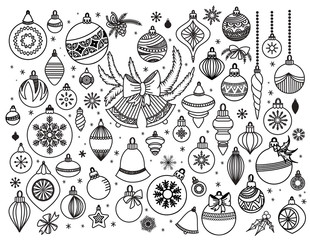 Doodle set of Christmas decoratins. Hand drawn Christmas balls, bells and toys in various shapes with ribbons and bow. Vector illustration isolated on white. Design elements collection.