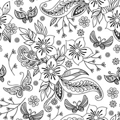 Hand drawn flowers and butterfly seamless pattern. Black and white vector illustration in doodles style. Isolated on white background. Coloring book page.