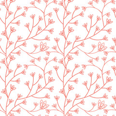 Floral seamless pattern design. Branch with small flowers and leaves. Hand drawn doodle flowers. Color palette living coral. Vector illustration.