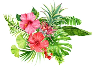  summer bouquet of tropical flowers, pineapple, hibiscus, banana palm leaves, monstera, watercolor illustration, hand drawing © Hanna