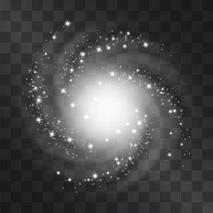 Light hurricane effect. Vector glowing tornado, swirling storm top view of shining stardust sparkles on transparent background. Glittering blizzard, ice cold magical illumination. Whirlwind flash.