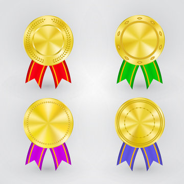 Set of golden winner medals with different ribbon colors and engraving wreathes. Vector symbols of achievement, success, respect, championship. Honorable prize, award ceremony concept, victory symbol.