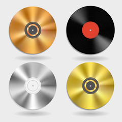 Vector vinyl disc record template mock up set on white background. Vintage acoustic media for gramophones. Retro audio plastic music disc with copy space for text, stylish posters, banners, ads.