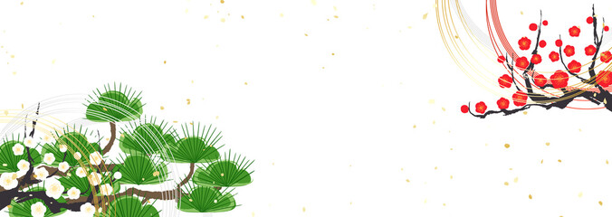 Obraz premium 新年 松 紅白 梅 水引 生け花