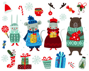 Christmas  set with mouses, bear, rabbit and decoration. Vector illustration