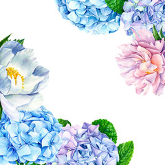 frame of beautiful flowers of hydrangea,   peonies, card with place for text, watercolor hand drawing