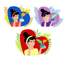 Set cosmetic products, creams with aloe, honey and mixture of them. Cream in hand shows cute woman. Background shows leaves of plants. Concept natural, ecological cosmetics and skin care products. 