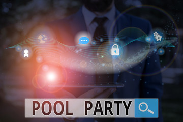 Writing note showing Pool Party. Business concept for celebration that includes activitites in a swimming pool