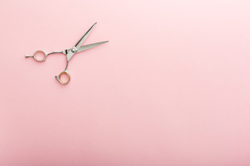 Hairdresser tools. Hairdresser scissors on pink color background with copy space for text....