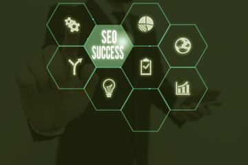 Conceptual hand writing showing Seo Success. Concept meaning accomplishment or achievement of...