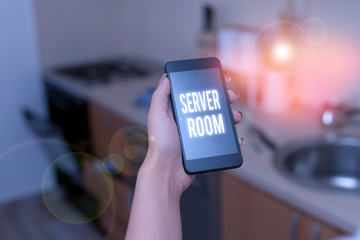 Conceptual hand writing showing Server Room. Concept meaning a room used to store power and operate computer servers woman using smartphone and technological devices inside the home