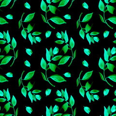 Seamless pattern watercolor green branches with leaves on black background