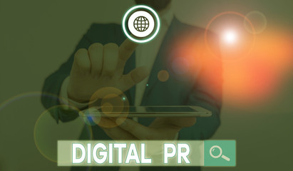 Word writing text Digital Pr. Business photo showcasing marketing strategy used to increase their online presence