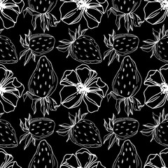 Vector strawberry fresh berry healthy food. Black and white engraved ink art. Seamless background pattern.
