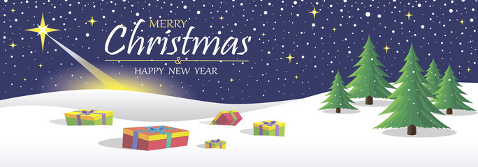 Christmas background. Merry Christmas and Happy New Year card. Horizontal winter landscape with star, gifts, three, night. Horizontal  Xmas night with snowfall,  gifts boxes, snow and xmas threes. Hor