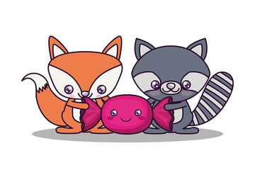 Kawaii fox and raccoon cartoon vector design